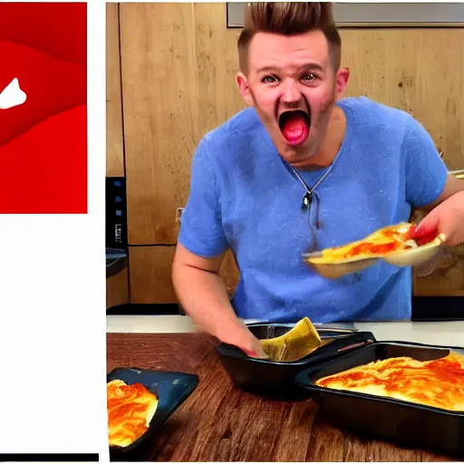 Prompt: Wigeusz YouTuber screaming at children eating his lasagne