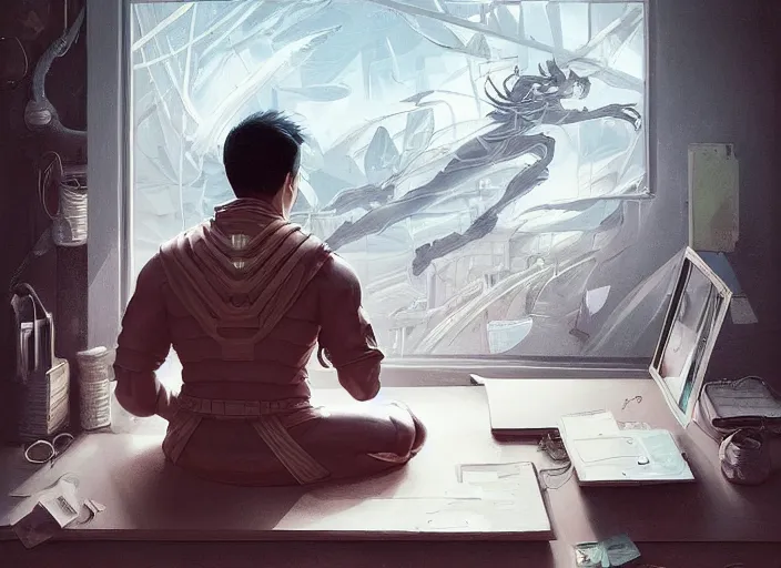 Image similar to an insanely detailed painting of an asian man wearing a homemade superhero costume, sitting at a desk, staring seriously at the computer and typing, in the style of peter mohrbacher, james jean, artgerm, dramatic lighting and composition, surreal background, octane render, pixar, trending on artstation, concept art, comic book, view from behind, 8 k