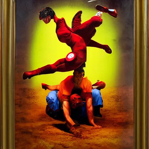 Image similar to electric red by frieke janssens, by glen fabry. a mixed mediart of a bullfight in spain. the mixed mediart is set in an arena with spectators in the stands. several figures in the mixed mediart, including a matador & a bull.