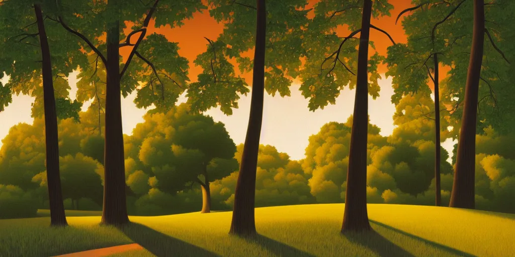 Image similar to silly, in the forest, blue sky, summer evening, kenton nelson