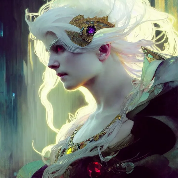 Image similar to a beatiful white haired princess, adorned with precious stone jewelry, intricate concept art, ethereal, ominous, dramatic lighting, Ruan Jia and Jeremy Mann and Alphonse Mucha