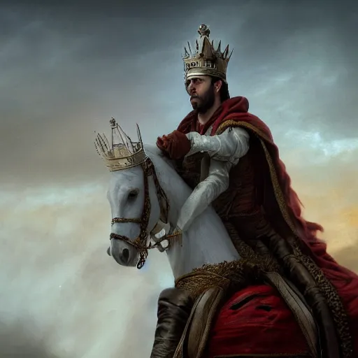 Prompt: a masterpiece matte painting of a man riding on a white horse with eyes like flames, many crowns upon his head, a robe dipped in blood, by gustav dore and paul barson, 8 k, uhd, cgsociety, trending on artstation,