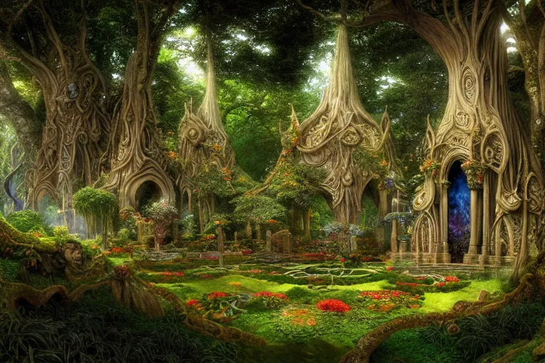 Prompt: a beautiful and highly detailed digital painting of an elven temple in a beautiful garden in a mystical forest by caspar friedrich and albert bierstadt and james gurney and brian froud, lothlorien, psychedelic patterns, celtic designs, intricate details, epic scale, hyperdetailed, hyperrealism, artstation, cgsociety, 8 k, sharp focus