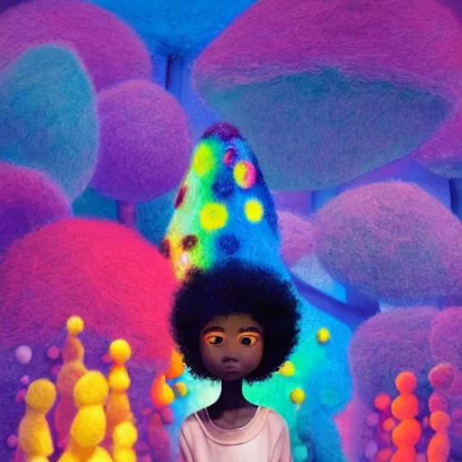 Image similar to a black girl with a colorful afro in a candy forest at night, bokeh, bright colours, watercolor, volumetric wool felting, macro photography, children illustration, by goro fujita