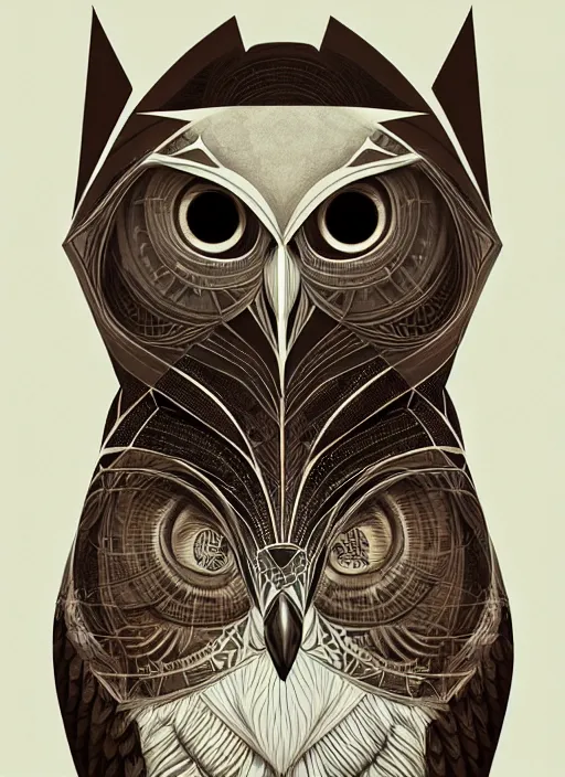 Image similar to portrait of a geometric owl, identical eyes, medium shot, illustration, full body made of white feathers, symmetrical, art stand, super detailed, cinematic lighting, and its detailed and intricate, gorgeous, by peter mohrbacher