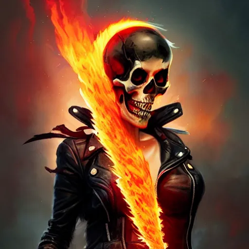 Prompt: female ghost rider, flaming skull, art by greg rutkowski and wlop and raymond swanland and ross tran,