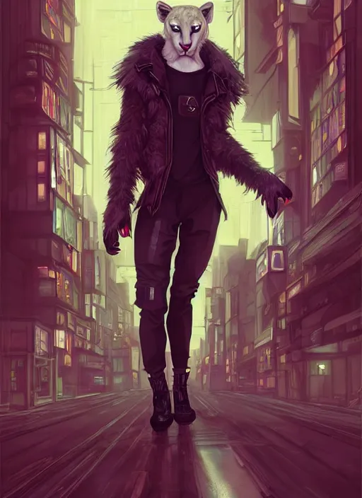 Image similar to award winning beautiful portrait commission art of a male furry anthro albino mountain lion fursona with a tail and a cute beautiful attractive detailed furry face wearing black stylish cyberpunk pants, black stylish cyberpunk boots, red cyberpunk vest in a cyberpunk city at night while it rains. Character design by charlie bowater, ross tran, artgerm, and makoto shinkai, detailed, inked, western comic book art