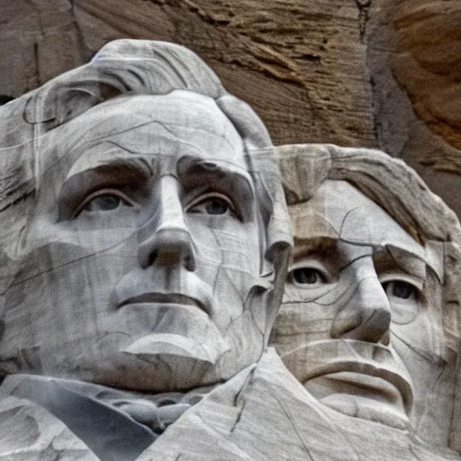 Image similar to donald trump's face carved into the rock on mount rushmore. the photo clearly depicts donald trump's facial features next to other former presidents, at a slightly elevated level, depicting his particular hair style carved into the stone at the mountain top, centered, balances, regal, pensive, powerful, just
