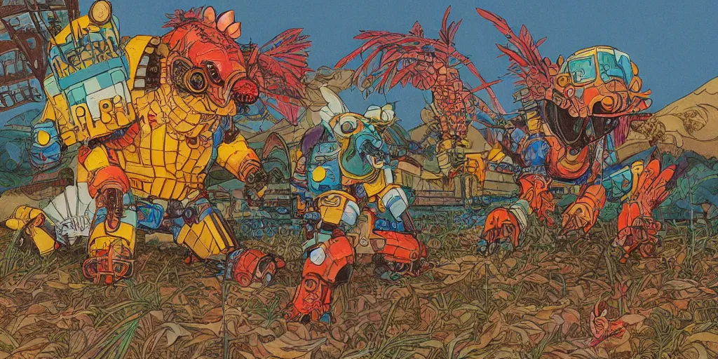 Prompt: colorful illustration of a fully armoured mechanical fighting rooster kaiju in a farm, by hiroaki ando, hajime katoki, shuhei morita, katsuhiro otomo, dieselpunk, tekkonkinkreet color scheme, detailed