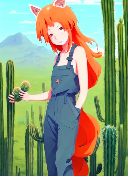 Image similar to portrait of cute redhead girl in orange jumpsuit with fox ears, holding a cactus, cloudy sky background lush landscape illustration concept art anime key visual trending pixiv fanbox by wlop and greg rutkowski and makoto shinkai and studio ghibli