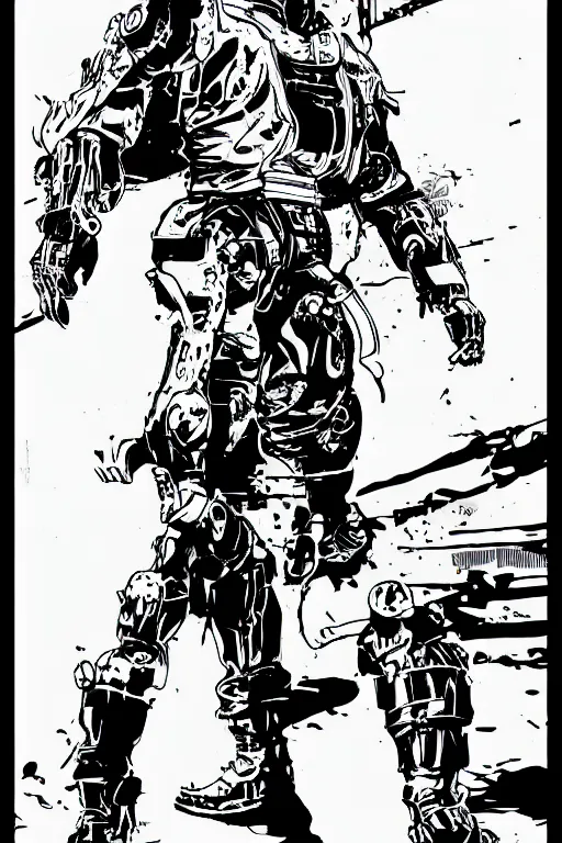 Image similar to cyborg ninja standing heroically, a page from cyberpunk 2 0 2 0, style of paolo parente, style of mike jackson, adam smasher, johnny silverhand, 1 9 9 0 s comic book style, white background, ink drawing, black and white