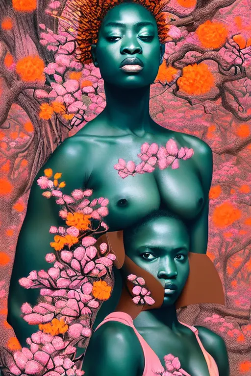 Image similar to hyperrealistic post - renaissance cinematic super expressive! yoruba goddess with exoskeleton armor, merging with tree in a forest, pink orange flowers, highly detailed digital art masterpiece, smooth cam de leon eric zener dramatic pearlescent soft teal light, ground angle hd 8 k, sharp focus