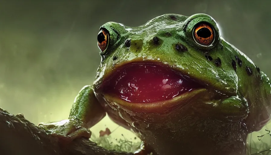 Image similar to ugly human frog in the swamp, big eyes, claws, hyperdetailed, artstation, cgsociety, 8 k