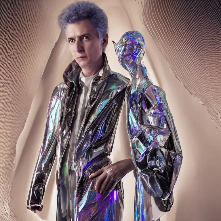 Image similar to high fashion photoshoot octane render portrait by wayne barlow and carlo crivelli and glenn fabry, a distinguished sci - fi futuristic wizard wearing a clear plastic iridescent jacket and holding a magical critter while standing inside a futuristic beautiful boutique hotel lobby, very short depth of field, bokeh