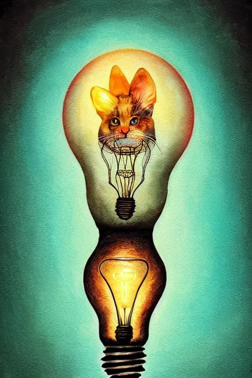 Image similar to portrait of an ethereal cat inside a light bulb, modern fine art, lithe, dreamscape, intricate, elegant, subsurface scattering, highly detailed, pop art painting, organic acrylic flow art, psychedelic surreal art, acrylic art, watercolor, featured on deviantart, cgsociety