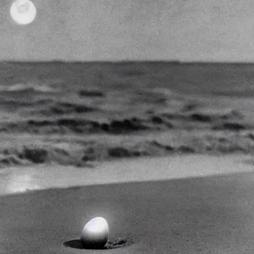 Image similar to an early 1 9 0 0 s photograph of a cracked luminescent alien egg on the beach, moonlight, at nighttime,