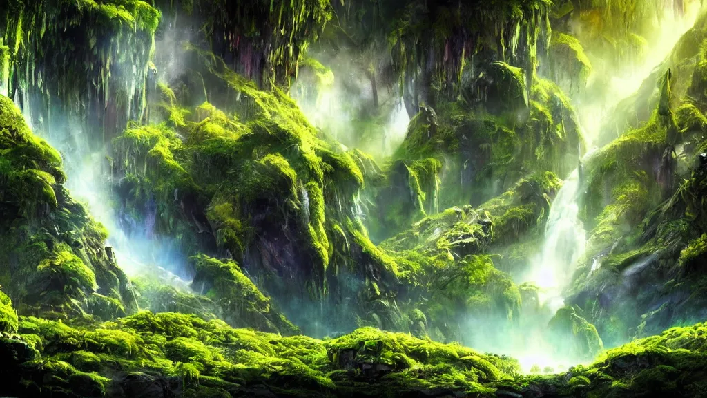 Image similar to an alien landscape view, alien waterfall, alien trees, alien colorful greenery, alien mountains, epic lighting, epic composition, 4 k, detailed, realistic