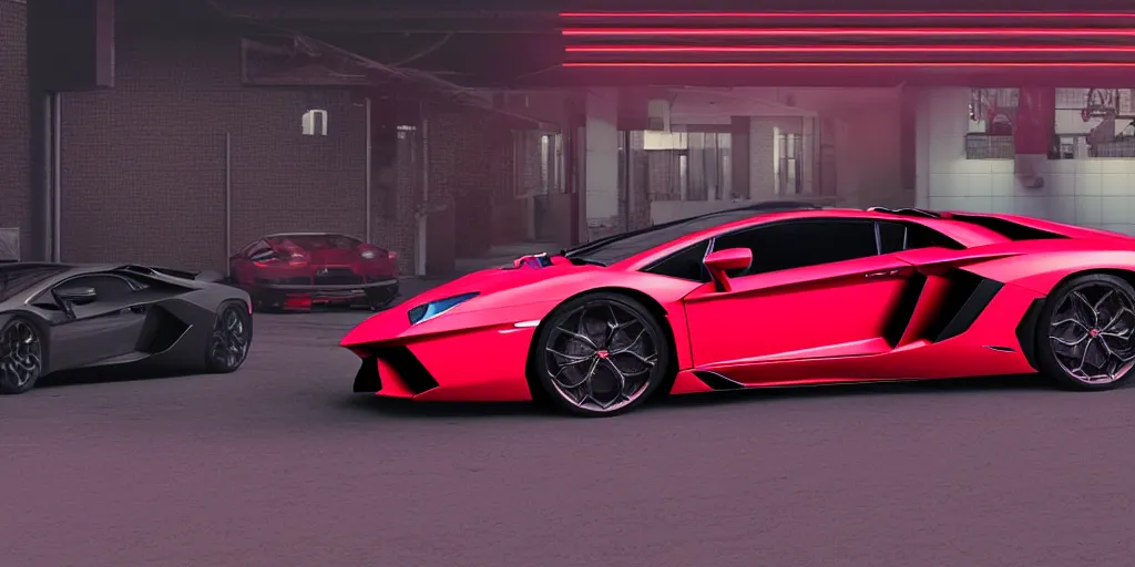 Image similar to Lamborghini Aventador LP 700-4 in red with pearl effect with purple spoilers on a sunny highway, side view concept art 3D digital art product design render in light room photo studio, octane rendering, dramatic lighting, HDR, VRAY 2k render, ray tracing