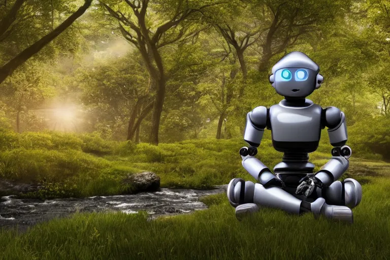 Prompt: professional photo of highly-detailed robot sitting cross-legged with its head pointing down on a small hill, in a fantasy forest with blooming trees and surrounded my wildlife, river flowing beside the robot, 4k, highly detailed, Unreal Engine