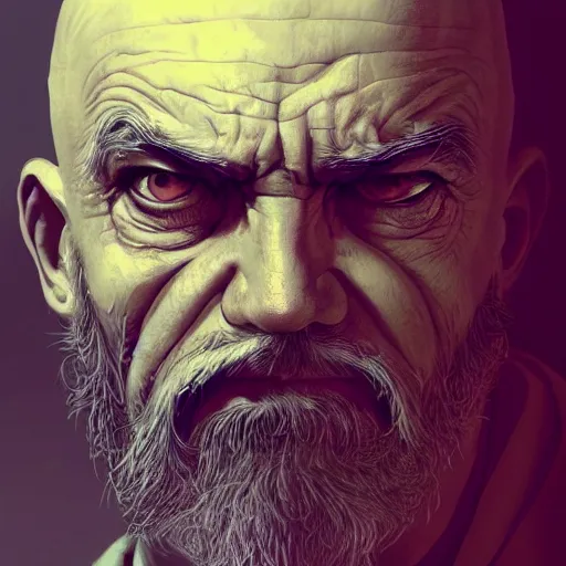 Prompt: angry bald old man portrait, beautiful face, highly detailed face, close-up, fantasy art, male art, in the style of greg rutkowski, illustration, epic, fantasy, intricate, hyper detailed, artstation, concept art, smooth, sharp focus, ray tracing