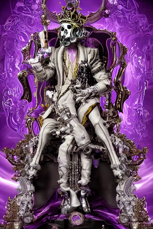 Prompt: full-body rococo and cyberpunk style violet neon statue of a young attractive Spanish male macho dotado android reclining sim roupa con piroca, glowing white face, prince crown of orange steampunk gears, diamonds, swirling silver-colored silk fabric. futuristic elements. full-length view. space robots. human skulls. throne made of bones, intricate artwork by caravaggio. Trending on artstation, octane render, cinematic lighting from the right, hyper realism, octane render, 8k, depth of field, 3D