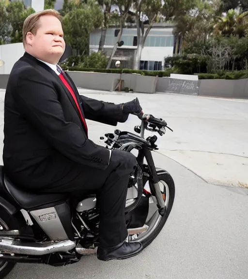 Image similar to Andy Richter is dressed in a black suit and a red necktie and riding a motorcycle into a studio lot. The studio lot is filled with Soundstages and movie trailers. It is a bright afternoon and overcast.