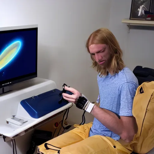 Image similar to skinny guy with long blond hair plays playstation 5 in space