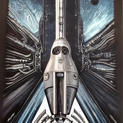 Prompt: atompunk space ship sailing the infinite cosmos, grand scale, raygun gothic style, painting by h. r. giger