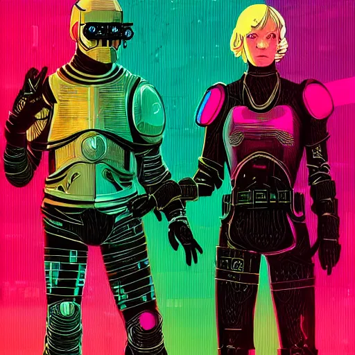 Image similar to jaime lannister and brienne of tarth fighting cyber zombies side by side, cyberpunk art by james gilleard, cgsociety, retrofuturism, synthwave, retrowave, outrun