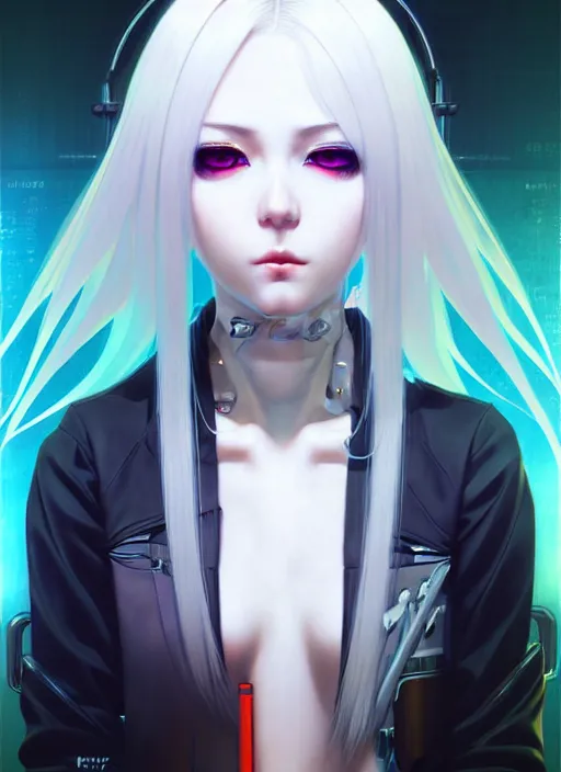 Image similar to portrait Anime girl cyberpunk, cute-fine-face, white-hair pretty face, realistic shaded Perfect face, fine details. Anime, cyberpunk. realistic shaded lighting by Ilya Kuvshinov and Gustav Klimt