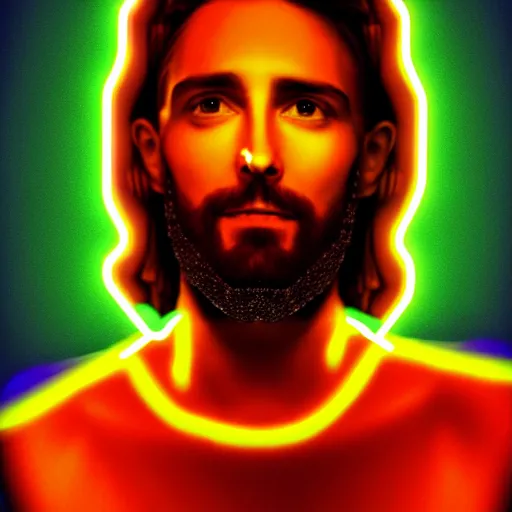 Image similar to jesus christ as a rave party dj, neon lights, detailed illustration, perfect face, 8 k