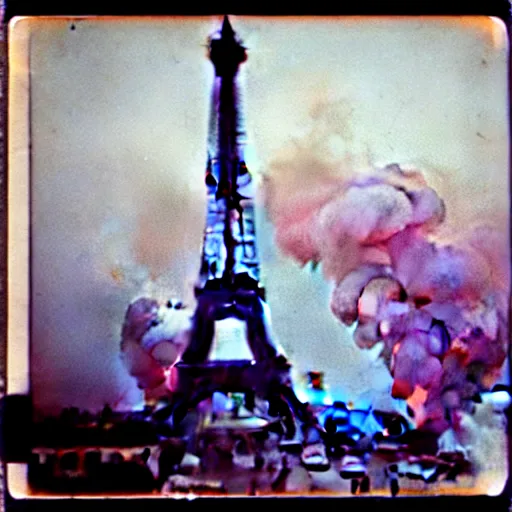 Image similar to extensive smoke rising from the top of the eiffel tower, aerial view, several police cars and crowds running across the ground, polaroid, 6 0's, hyperrealism, no blur, 4 k resolution, ultra detailed