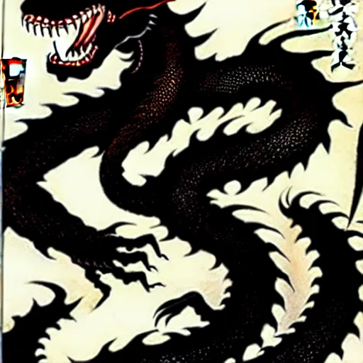 Image similar to biomechanical ukiyo - e lithograph of black dragon by utagawa kuniyoshi, very detailed, hyperrealistic