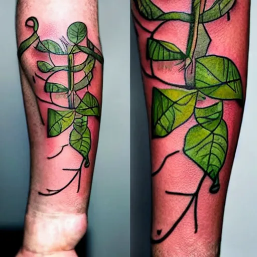 Prompt: tattoo of a man's body decomposing and sprouting beautiful vines and flowers, vibrant watercolor neon tattoo, tattoo on forearm