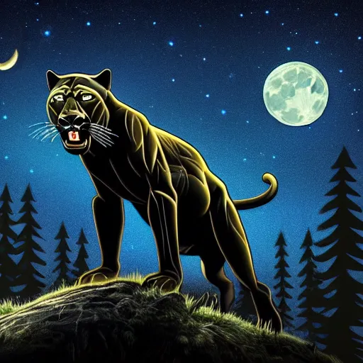 Image similar to a panther roaring at the moon in a forest during the night, large moon in the center. high quality. artistic. illustration. 4 k. cinematic. photoreal. highly detailed. dramatic. dark colors. night.