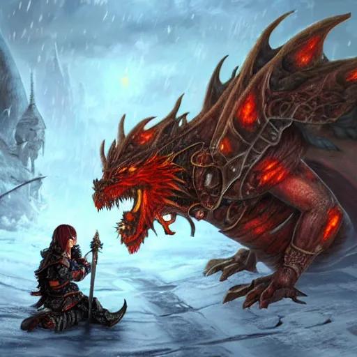 Image similar to fantasy warrior being eaten by a dragon in the snow