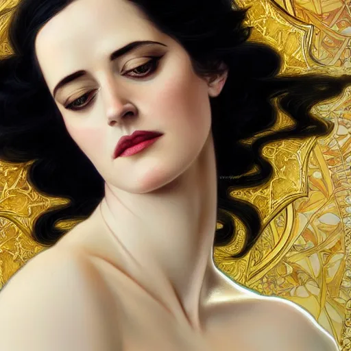 Prompt: beautiful detailed picture of eva green as yennefer, radiant light, art nouveau, intricate, elegant, highly detailed, symmetrical face, my rendition, digital painting, artstation, concept art, smooth, sharp focus, illustration, art by artgerm and greg rutkowski and alphonse mucha