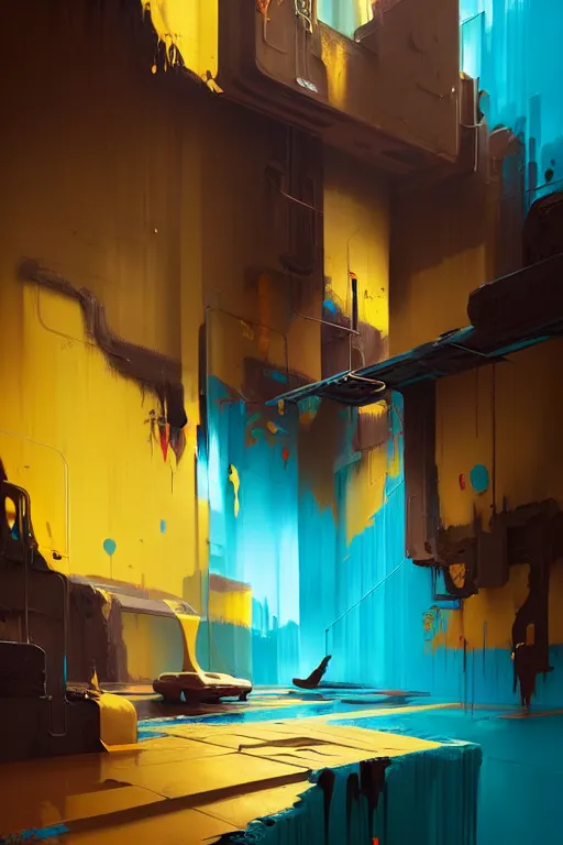 Prompt: matte painting extreme offset 3 d calligraphy graffiti mural dripping paint wall extreme maximalism by atey ghailan, by greg rutkowski, by greg tocchini, by james gilliard, by joe fenton, yellow, brown, black and cyan color scheme, octane render