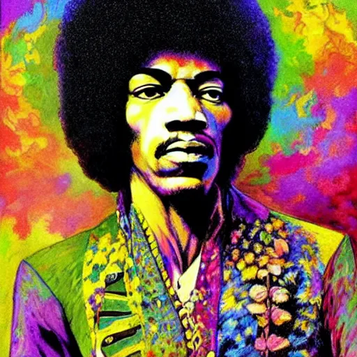 Image similar to colorfull artwork by Franklin Booth showing a portrait of Jimi Hendrix