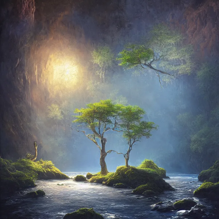 Image similar to A beautiful, highly detailed, very realistic oil painting of a single tree with rainbow leaves, next to a small river, glowing bright blue in the middle of a huge, very dark cave, with lots of dark grey rocks, oil painting by Greg Rutkowski, golden color scheme.