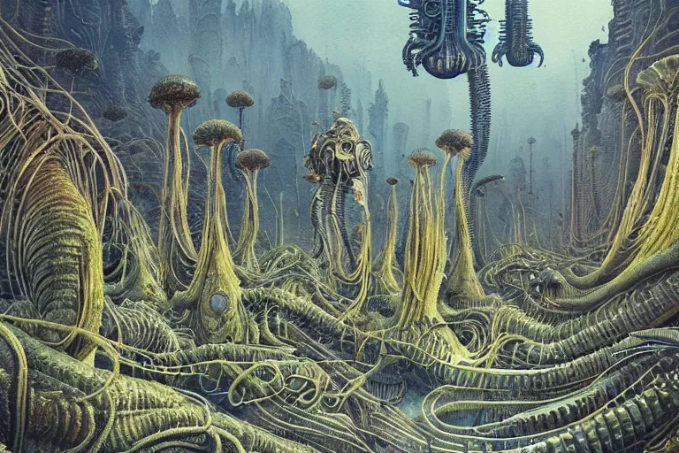 Prompt: a surreal and awe - inspiring science fiction landscape, alien plants and animals, intricate, elegant, uplifting, happy, inspirational, highly detailed watercolor painting by h. r. giger and simon stalenhag