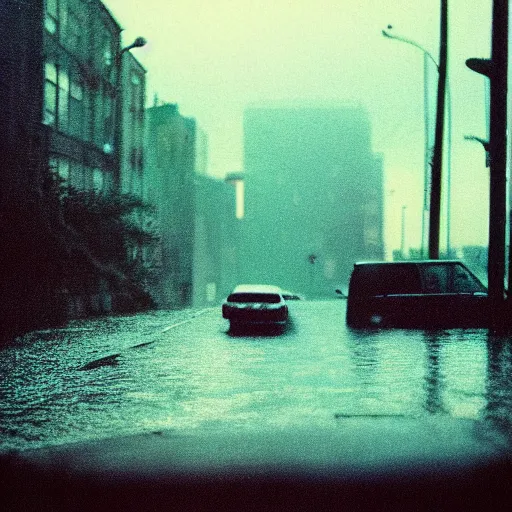 Image similar to 1990s perfect 8K HD professional cinematic photo of a car in dystopian world, at evening during rain, at instagram, Behance, Adobe Lightroom, with instagram filters, depth of field, taken with polaroid kodak portra