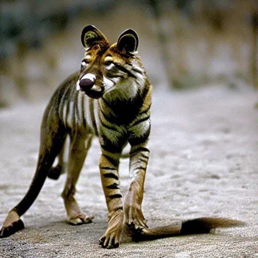 Image similar to dynamic photos of a tasmanian tiger, National Geographic animal pictures, sharp detail, shallow depth of field