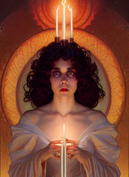 Image similar to symmetry portrait of poly styrene, fantasy, renaissance wear, glowing candles intricate, elegant, highly detailed, digital painting, artstation, concept art, smooth, sharp focus, illustration, art by artgerm and greg rutkowski and alphonse mucha