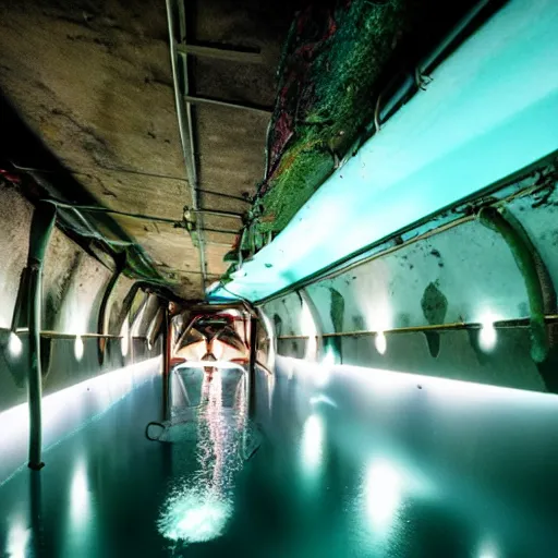 Prompt: an underground water park, dingy, dark lighting, after hours, dark,