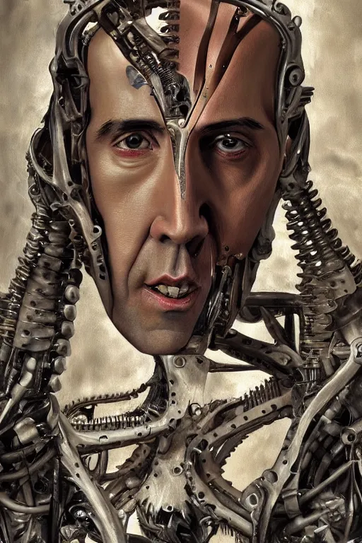 Image similar to Nicolas Cage as biomechanical cyborg intricate, smooth, artstation, painted by Hans Giger