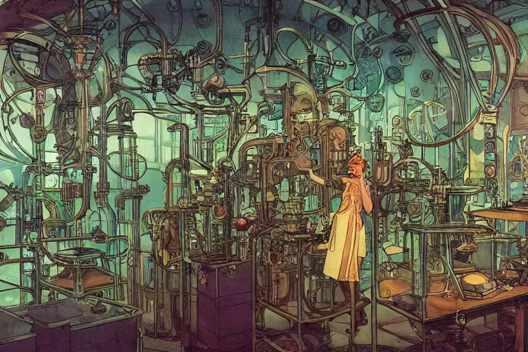 Image similar to steampunk lab room filled with big vapor tubes and alchemy equipment, mad scientist working, giant screens, sci - fi vending machine, retrofuturism, concept art by mucha and moebius and victo ngai, clean line, diesel punk