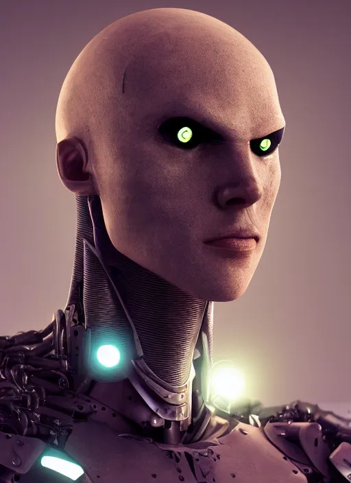 Image similar to bladerunner, cyberpunk, angled facial portrait of a bone ceramic caliente humanoid robot Spanish ninja with an attractive bald head and handsome features, large glowing eyes, macho, piroca, dotado, guapo, reflective surface, overwatch, trending on cgsociety, trending on artstation