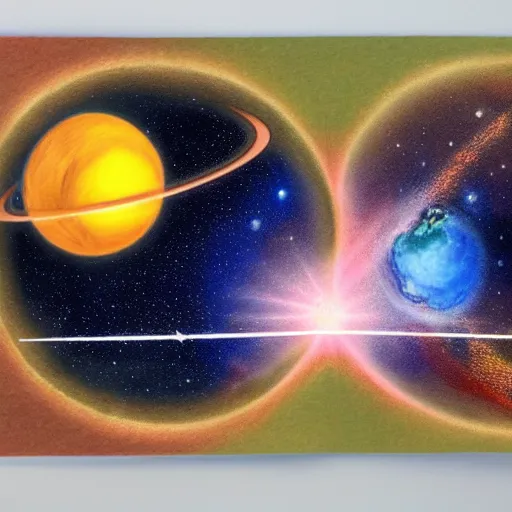 Image similar to Accurate and realistic representation of two colliding planets. Incredible. Epic composition. Harmonic colored disposition, expertly blended and shaded. HD. 8k. 4.k HQ. UHD . Colored pencils and color inks on two joined sheets of paper