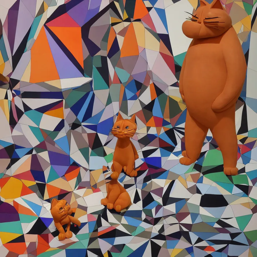 Prompt: beautiful gallery show studio photograph of a giant realistic geometric ceramic sculpture of garfield and nermal cat!!!!, heavily glazed by bridget riley and victor vasarely, placed on a polished wooden table, colorful hyperrealism 8 k trending on artstation